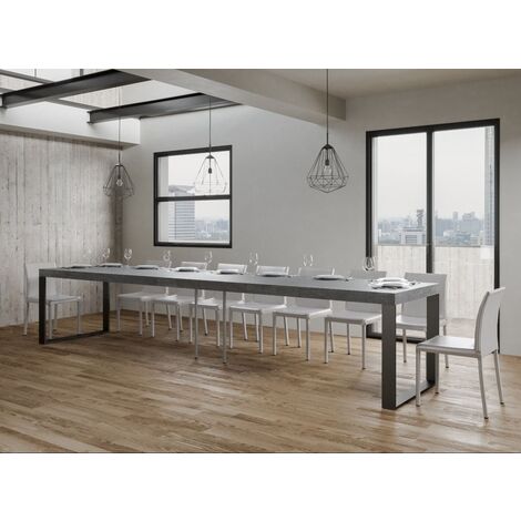 Les Tendances – Table extensible 8 à 20 places L 180 à 440 cm – Bois mélaminé gris béton – Pieds en acier anthracite – 5 rallonges fines – Assemblage facile