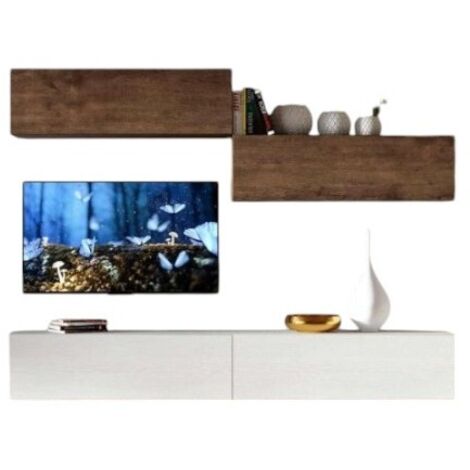 Meuble TV mural blanc et noyer koza L 268cm - 4 pièces (1/4)