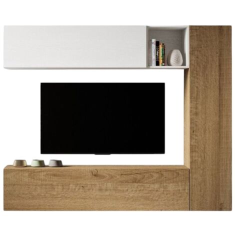 Mur TV modulable suspendu design blanc et naturel Lina L 214cm - 4 pièces (1/5)