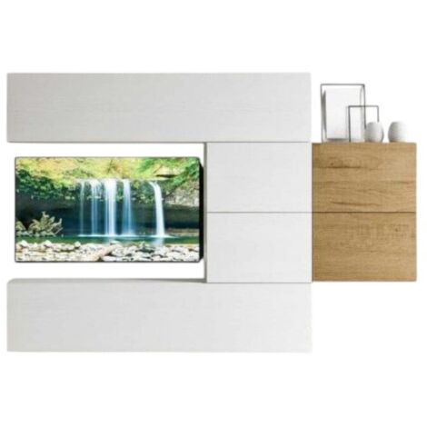 Mur TV modulable suspendu design blanc et naturel Lina L 234cm - 6 pièces (1/3)