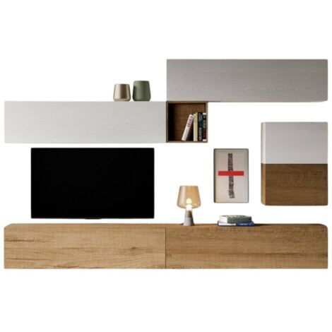 Mur TV modulable suspendu design blanc et naturel Lina L 308cm - 7 pièces (1/3)