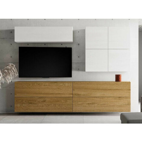 Meuble TV mural blanc et chêne naturel Isika L 308cm - 9 pièces (1/3)