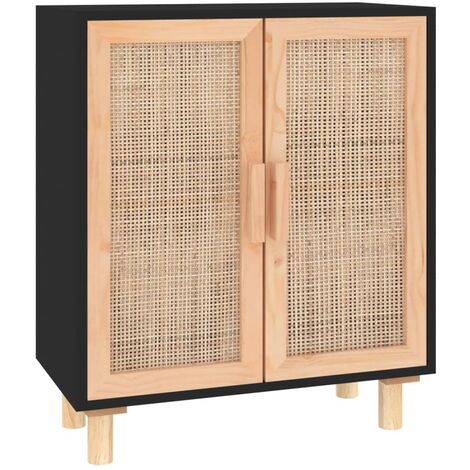 Buffet Noir 60x30x70 Bois de pin massif et rotin naturel (1/5)
