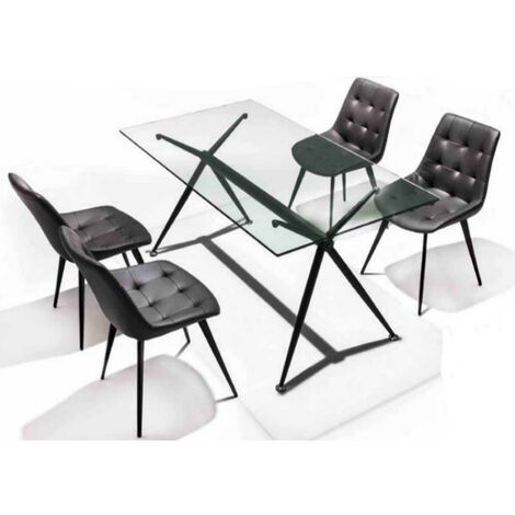 Table de repas en verre trempé et piétement acier noir Athena-Longueur 140 cm (1/4)