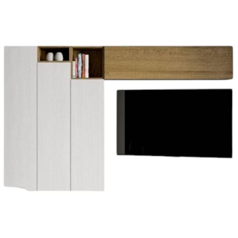 Meuble TV modulable suspendu design blanc et naturel Kina L 214cm - 6 pièces (1/3)