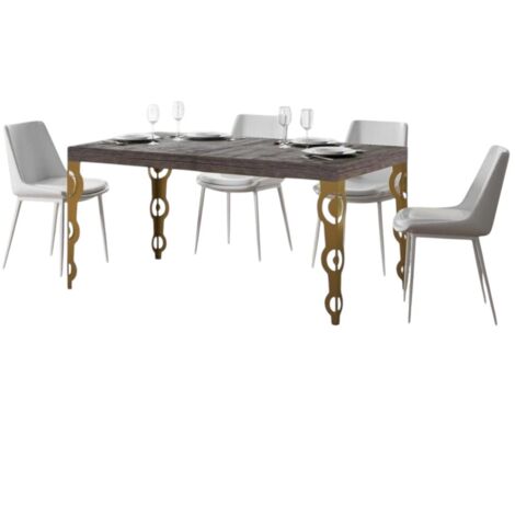Table rectangulaire extensible orientale 6 à 10 personnes L 130 à 234cm bois foncé et pieds métal doré Kazay (1/5)
