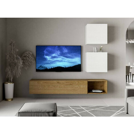 Meuble TV mural blanc et chêne naturel Isika L 234cm - 4 pièces (1/3)