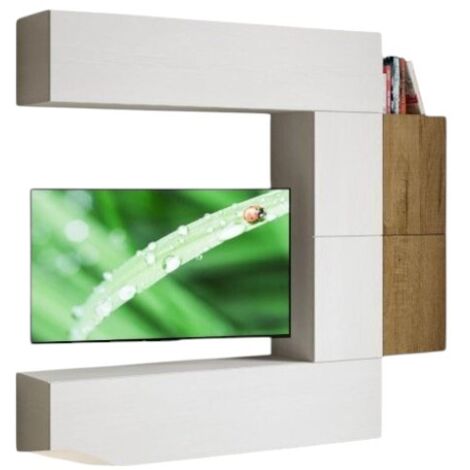 Meuble TV modulable suspendu blanc et naturel Kina L 214cm - 6 pièces (1/4)