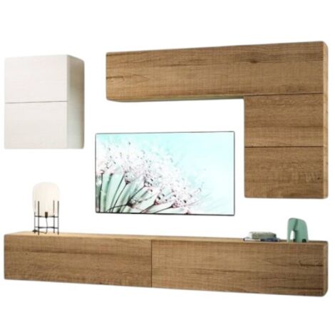 Mur TV modulable suspendu bois naturel Bela L 268cm - 7 pièces (1/3)