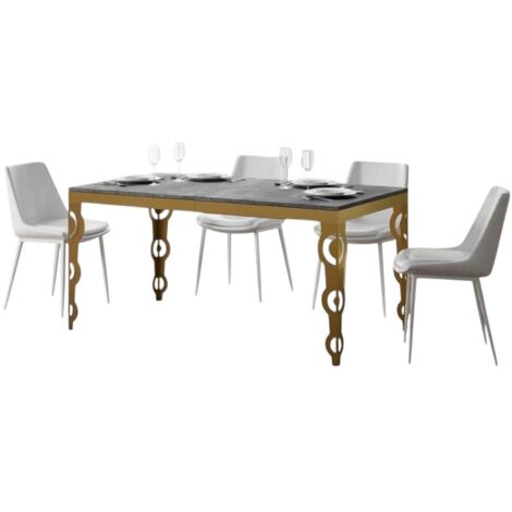 Table rectangulaire extensible orientale 6 à 10 personnes L 120 à 224cm gris béton et cadre métal doré Kazay (1/5)