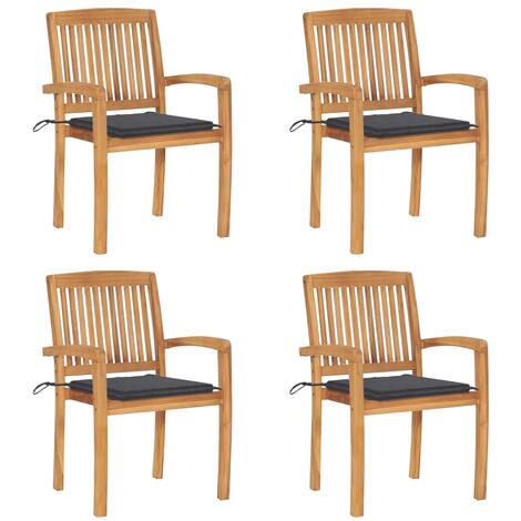 Chaises de jardin empilables avec coussins 4 pcs Teck solide 16 (1/5)