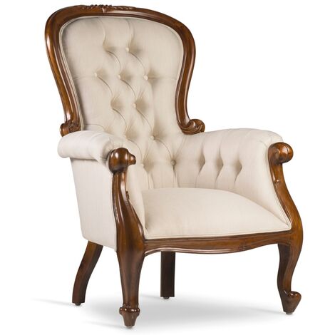 Fauteuil en bois d'acajou marron et assise tissu beige Castle (1/5)