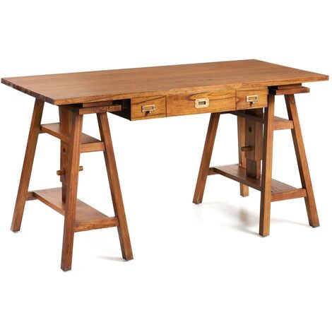 Bureau tréteaux hauteur réglable en bois massif de Mindy 3 tiroirs 1 niche Orka 152cm (1/5)
