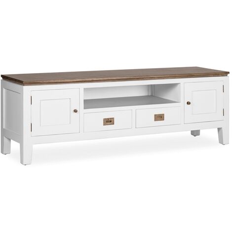 Meuble TV provençal bois massif de mindi blanc et marron Kirest 150cm (1/5)