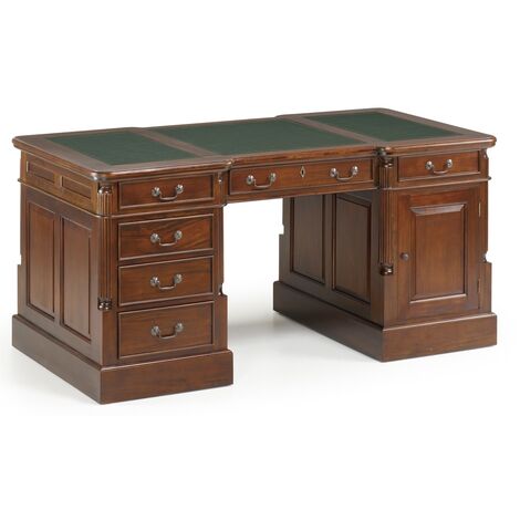 Les Tendances – Bureau droit en bois d'acajou marron 160cm – 1 porte et 6 tiroirs – Fabrication artisanale Espagne – Finition vernis haut de gamme