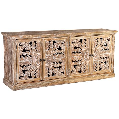 Les Tendances – Buffet en bois de teck blanchi 4 portes – Dimensions L 180 x H 80 x P 46 cm – Poignées en métal – Fabrication artisanale Espagne