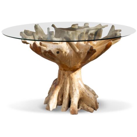 Table à manger ronde en racine de teck et verre trempé RAKINA - Ø130 et Ø150cm 150 cm-Diamètre 150 cm