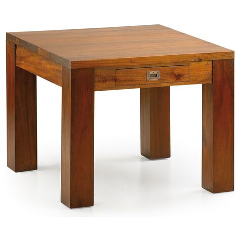 Table basse carrée coloniale en bois d'acajou massif 1 tiroir Falkane 60cm (1/5)