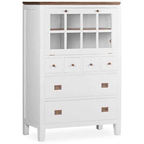 Commode haute provençale bois massif de mindi blanc et marron Kirest 90cm (1/5)