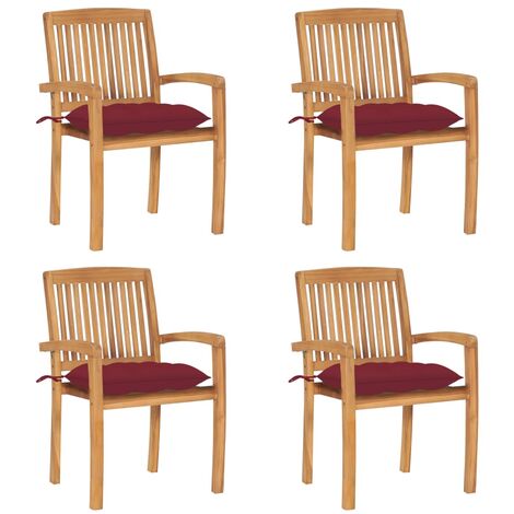 Chaises de jardin empilables avec coussins 4 pcs Teck solide 15 (1/5)