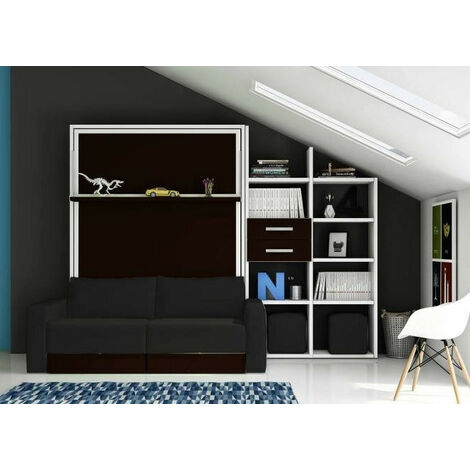 Lit escamotable 160x200 avec canapé coffre et étagères Modula-Façade Gris anthracite-Canapé Marron clair (1/5)