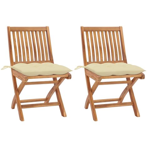 Chaises de jardin 2 pcs avec coussins blanc crème Teck massif (1/5)