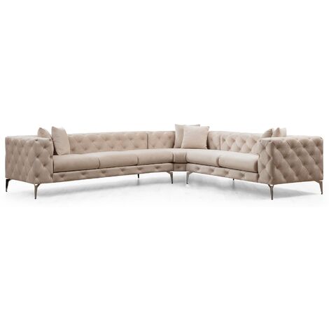 Les Tendances – Canapé d'angle gauche 270cm velours beige clair capitonné – Pieds chromés – Confort optimal pour salons et salles familiales (1/5)