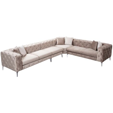 Canapé d'angle droit capitonné velours crème et pieds chromés Herakles 270cm (1/5)