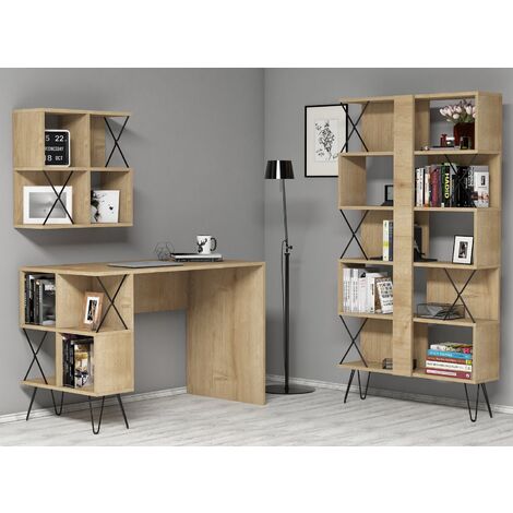 Ensemble bureau étagère et bibliothèque bois clair et noir Ditra (1/4)