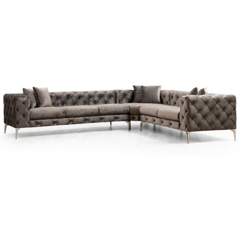Les Tendances – Canapé d'angle droit capitonné velours gris foncé – Longueur 270 cm – Structure bois massif et métal chromé – 6 oreillers inclus (1/5)