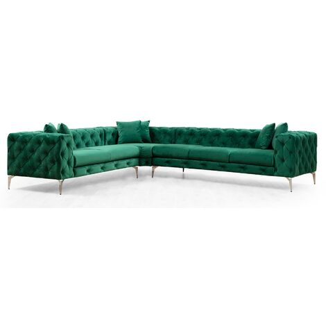 Canapé d'angle droit capitonné velours vert et pieds chromés Herakles 270cm (1/5)