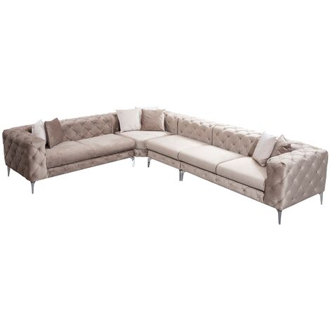 Canapé d'angle gauche capitonné velours crème et pieds chromés Herakles 270cm (1/5)