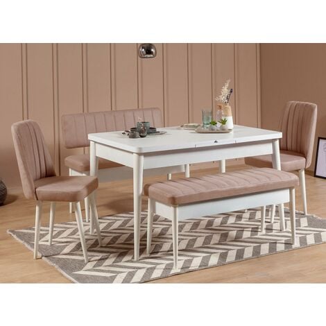 LITORAL - Table extensible avec 6 chaises blanches