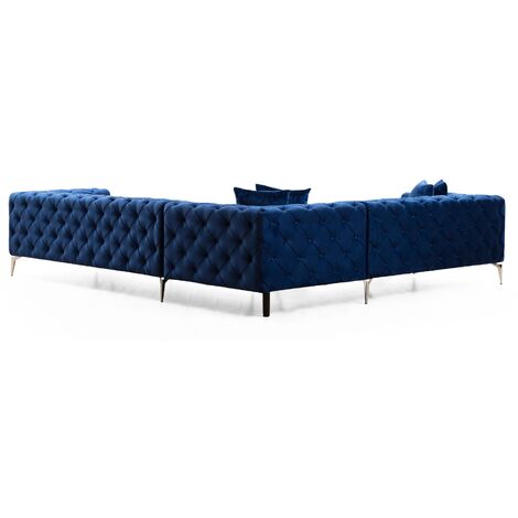 Canapé d'angle droit capitonné velours bleu marine et pieds chromés Herakles 270cm (1/5)
