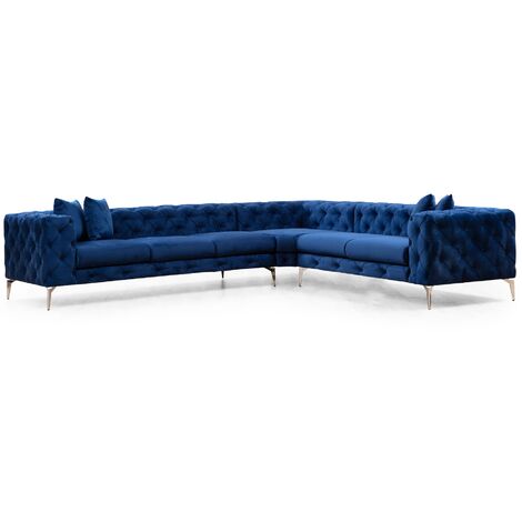 Canapé d'angle gauche capitonné velours bleu marine et pieds chromés Herakles 270cm (1/5)