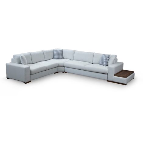 Canapé d'angle tissu beige avec étagère en bois sur la droite Kaloé 363cm (1/5)