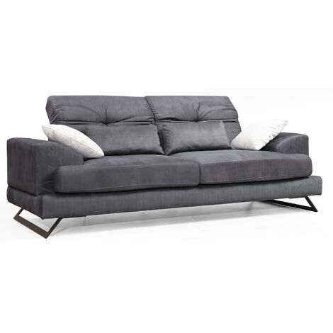 Canapé 3 places velours anthracite avec têtières relevables et pieds metal noir Briko 225cm (1/4)