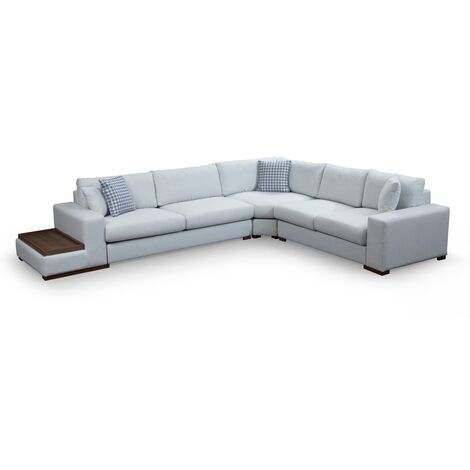 Canapé d'angle tissu beige avec étagère en bois sur la gauche Kaloé 363cm (1/5)