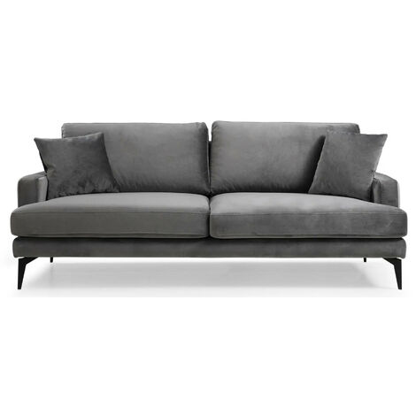 Canapé 3 places design tissu velouté gris et pieds métal noir Kombaz 205cm (1/5)