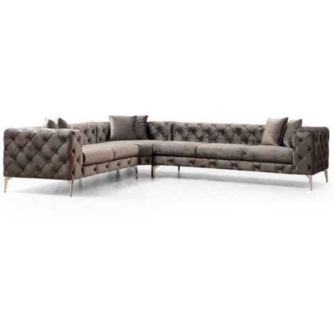 Les Tendances – Canapé d'angle gauche velours gris foncé capitonné – Longueur 270 cm – Pieds chromés – Confort optimal avec coussins modulables (1/5)