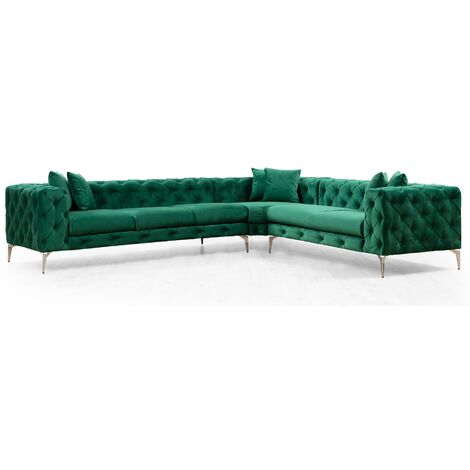Canapé d'angle gauche capitonné velours vert et pieds chromés Herakles 270cm (1/5)