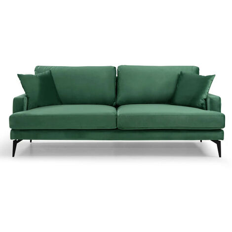 Canapé 3 places design tissu velouté vert et pieds métal noir Kombaz 205cm (1/5)