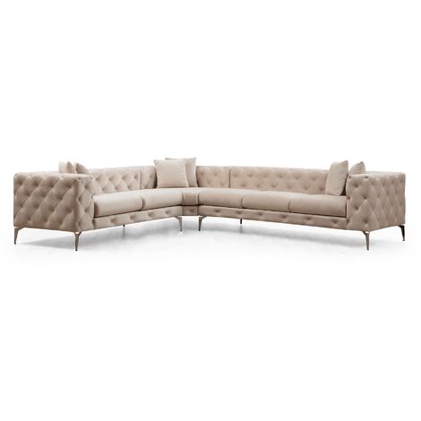 Les Tendances – Canapé d'angle droit capitonné velours beige clair – Longueur 270 cm – Pieds chromés – Confort optimal avec coussins moelleux (1/5)