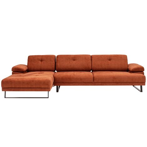 Grand canapé d'angle gauche tissu orange et métal noir Kustone 314cm (1/5)