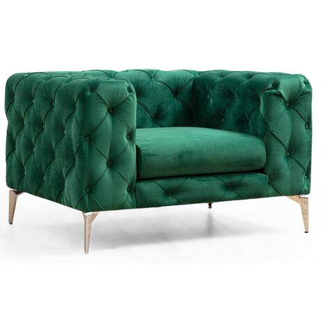Fauteuil capitonné velours vert et pieds chromés Herakles 108cm (1/4)