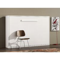 Lit escamotable horizontal 120x180 - Optima-Avec matelas-Coffrage Blanc-Façade Chêne 3D