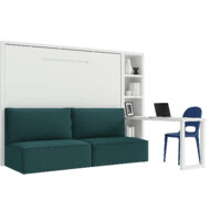 Lit escamotable horizontal LOGIA Bleu canard lit+canapé+étagère+bureau-140x190-Canapé Bleu canard-Structure Blanche-Version lit+canapé+étagère+bureau