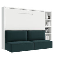 Lit escamotable horizontal LOGIA Bleu canard lit+canapé+étagère-120x200-Canapé Bleu canard-Structure Chêne blanc-Version lit+canapé+étagère