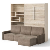 Les Tendances – Lit escamotable vertical 140x190 cm – Canapé d'angle 4 places – Bibliothèque intégrée – Structure en chêne clair – Tissu imperméable camel