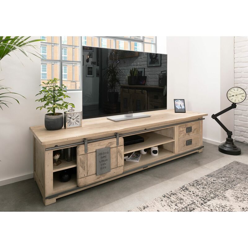 mobile TV in legno di Mango 200x55x50 sbiancato laccato RAILWAY 336